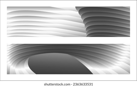 Monochrome cover design, abstract background. Wavy silver parallel gradient lines, ribbons, silk. Set of 2 backgrounds. Black and white with shades of gray banner, poster. eps vector