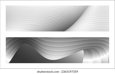 Monochrome cover design, abstract background. Wavy silver parallel gradient lines, ribbons, silk. Set of 2 backgrounds. Black and white with shades of gray banner, poster. eps vector