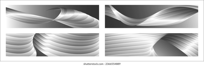 Monochrome cover design, abstract background. Wavy silver parallel gradient lines, ribbons, silk. Set of 4 backgrounds. Black and white with shades of gray banner, poster. eps vector