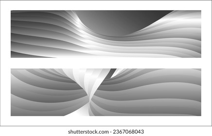 Monochrome cover design, abstract background. Wavy silver parallel gradient lines, ribbons, silk. Set of 2 backgrounds. Black and white with shades of gray banner, poster. eps vector