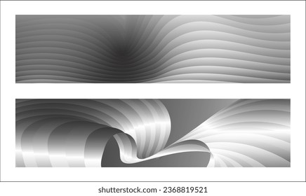 Monochrome cover design, abstract background. Wavy silver parallel gradient lines, ribbons, silk. Set of 2 backgrounds. Black and white with shades of gray banner, poster. eps vector