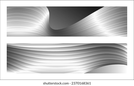 Monochrome cover design, abstract background. Wavy silver parallel gradient lines, ribbons, silk. Set of 2 backgrounds. Black and white with shades of gray banner, poster. eps vector