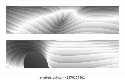 Monochrome cover design, abstract background. Wavy silver parallel gradient lines, ribbons, silk. Set of 2 backgrounds. Black and white with shades of gray banner, poster. eps vector