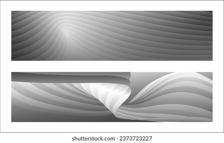 Diseño de la cubierta monocroma, fondo abstracto. Líneas de gradiente paralelas de plata ondulada, cintas, seda. Conjunto de 2 fondos. Blanco y negro con tonos grises, afiche. vector de pasos