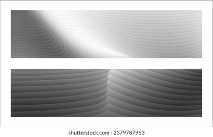 Diseño de la cubierta monocroma, fondo abstracto. Líneas de gradiente paralelas de plata ondulada, cintas, seda. Conjunto de 2 fondos. Blanco y negro con tonos grises, afiche. vector de pasos