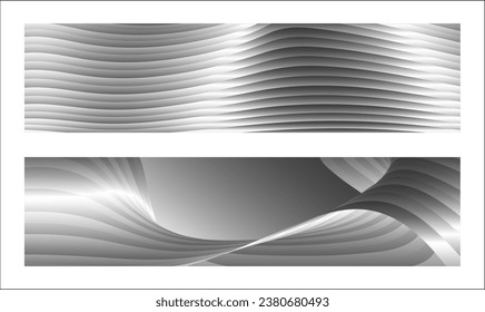 Monochrome cover design, abstract background. Wavy parallel gradient lines, ribbons, silk. Black and white banner, poster. eps vector. Set of 2 backgrounds.