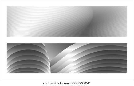 Diseño de la cubierta monocroma, fondo abstracto. Líneas de gradiente paralelas de plata ondulada, cintas, seda. Conjunto de 2 fondos. Blanco y negro con tonos grises, afiche. vector de pasos