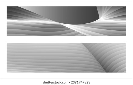 Diseño de la cubierta monocroma, fondo abstracto. Líneas de gradiente paralelas de plata ondulada, cintas, seda. Conjunto de 2 fondos. Blanco y negro con tonos grises, afiche. vector de pasos