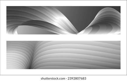 Diseño de la cubierta monocroma, fondo abstracto. Líneas de gradiente paralelas de plata ondulada, cintas, seda. Conjunto de 2 fondos. Blanco y negro con tonos grises, afiche. vector de pasos
