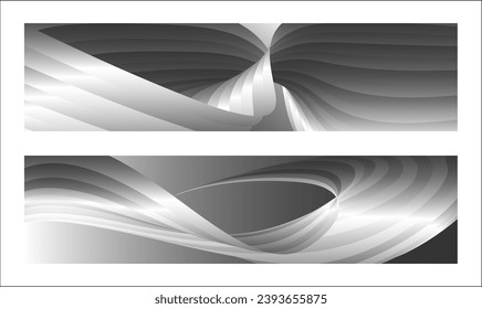 Einfarbiges Cover-Design, abstrakter Hintergrund. Weiche silberne parallele Farblinien, Bänder, Seide. Satz von 2 Hintergründen. Schwarz-Weiß mit grauem Banner, Poster. EPS-Vektor