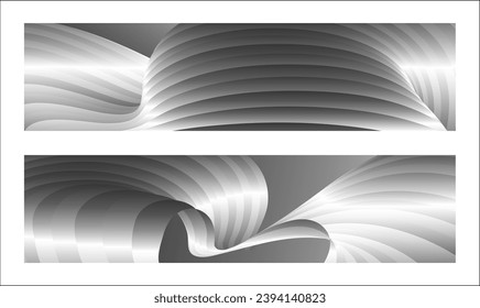 Monochrome cover design, abstract background. Wavy silver parallel gradient lines, ribbons, silk. Set of 2 backgrounds. Black and white with shades of gray banner, poster. eps vector