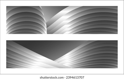 Diseño de la cubierta monocroma, fondo abstracto. Líneas de gradiente paralelas de plata ondulada, cintas, seda. Conjunto de 2 fondos. Blanco y negro con tonos grises, afiche. vector de pasos