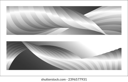Diseño de la cubierta monocroma, fondo abstracto. Líneas de gradiente paralelas de plata ondulada, cintas, seda. Conjunto de 2 fondos. Blanco y negro con tonos grises, afiche. vector de pasos