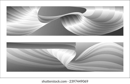 Diseño de la cubierta monocroma, fondo abstracto. Líneas de gradiente paralelas de plata ondulada, cintas, seda. Conjunto de 2 fondos. Blanco y negro con tonos grises, afiche. vector de pasos