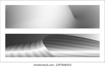 Monochrome cover design, abstract background. Wavy silver parallel gradient lines, ribbons, silk. Set of 2 backgrounds. Black and white with shades of gray banner, poster. eps vector
