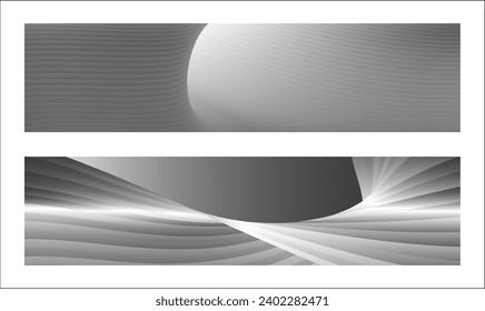 Diseño de la cubierta monocroma, fondo abstracto. Líneas de gradiente paralelas de plata ondulada, cintas, seda. Conjunto de 2 fondos. Blanco y negro con tonos grises, afiche. vector de pasos