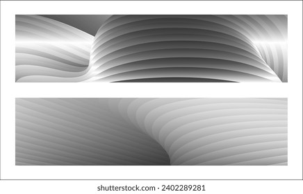 Monochrome cover design, abstract background. Wavy silver parallel gradient lines, ribbons, silk. Set of 2 backgrounds. Black and white with shades of gray banner, poster. eps vector