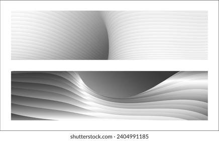 Diseño de la cubierta monocroma, fondo abstracto. Líneas de gradiente paralelas de plata ondulada, cintas, seda. Conjunto de 2 fondos. Blanco y negro con tonos grises, afiche. vector de pasos