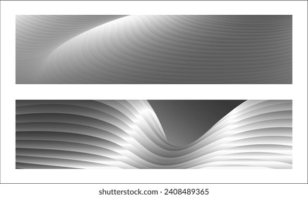 Monochrome cover design, abstract background. Wavy silver parallel gradient lines, ribbons, silk. Set of 2 backgrounds. Black and white with shades of gray banner, poster. eps vector