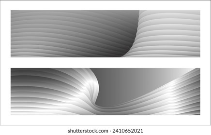 Monochrome cover design, abstract background. Wavy silver parallel gradient lines, ribbons, silk. Set of 2 backgrounds. Black and white with shades of gray banner, poster. eps vector