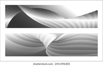 Monochrome cover design, abstract background. Wavy silver parallel gradient lines, ribbons, silk. Set of 2 backgrounds. Black and white with shades of gray banner, poster. eps vector