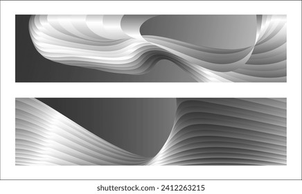 Monochrome cover design, abstract background. Wavy silver parallel gradient lines, ribbons, silk. Set of 2 backgrounds. Black and white with shades of gray banner, poster. eps vector