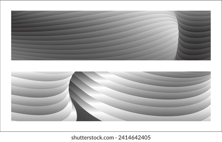 Diseño de la cubierta monocroma, fondo abstracto. Líneas de gradiente paralelas de plata ondulada, cintas, seda. Conjunto de 2 fondos. Blanco y negro con tonos grises, afiche. vector de pasos