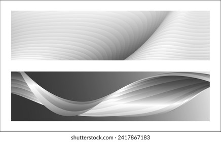 Diseño de la cubierta monocroma, fondo abstracto. Líneas de gradiente paralelas de plata ondulada, cintas, seda. Conjunto de 2 fondos. Blanco y negro con tonos grises, afiche. vector de pasos