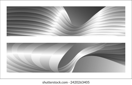 Monochrome cover design, abstract background. Wavy silver parallel gradient lines, ribbons, silk. Set of 2 backgrounds. Black and white with shades of gray banner, poster. eps vector