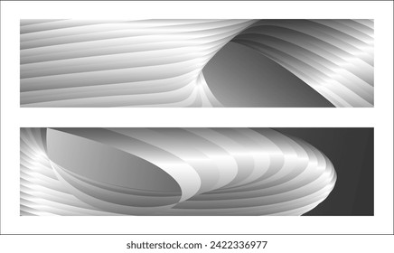 Monochrome cover design, abstract background. Wavy silver parallel gradient lines, ribbons, silk. Set of 2 backgrounds. Black and white with shades of gray banner, poster. eps vector