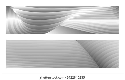 Monochrome cover design, abstract background. Wavy silver parallel gradient lines, ribbons, silk. Set of 2 backgrounds. Black and white with shades of gray banner, poster. eps vector