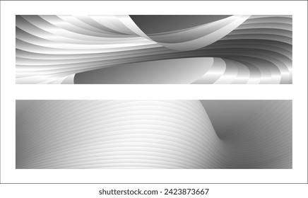 Monochrome cover design, abstract background. Wavy silver parallel gradient lines, ribbons, silk. Set of 2 backgrounds. Black and white with shades of gray banner, poster. eps vector