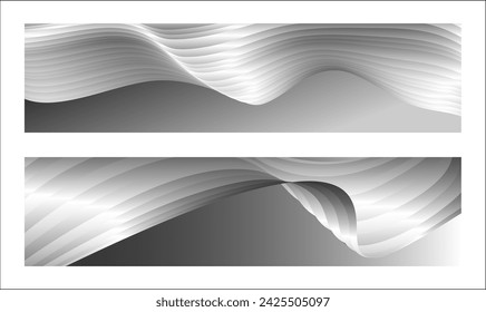 Monochrome cover design, abstract background. Wavy silver parallel gradient lines, ribbons, silk. Set of 2 backgrounds. Black and white with shades of gray banner, poster. eps vector
