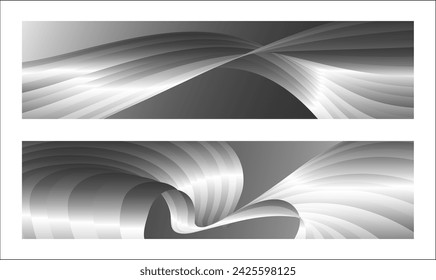 Diseño monocromo de la cubierta, fondo abstracto. Líneas de degradado paralelas de plata ondulada, cintas, seda. Conjunto de 2 fondos. Blanco y negro con tonos de banner gris, cartel. eps vector