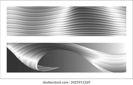 Monochrome cover design, abstract background. Wavy silver parallel gradient lines, ribbons, silk. Set of 2 backgrounds. Black and white with shades of gray banner, poster. eps vector