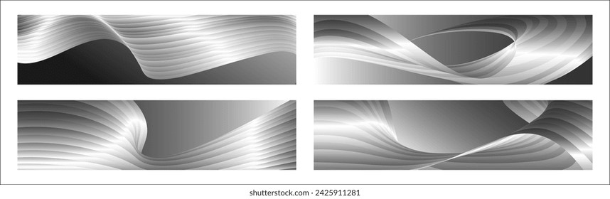 Diseño monocromo de la cubierta, fondo abstracto. Líneas de degradado paralelas de plata ondulada, cintas, seda. Conjunto de 4 fondos. Blanco y negro con tonos de banner gris, cartel. eps vector