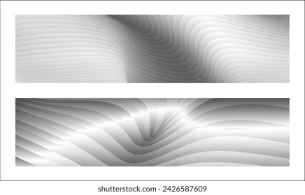 Monochrome cover design, abstract background. Wavy silver parallel gradient lines, ribbons, silk. Set of 2 backgrounds. Black and white with shades of gray banner, poster. eps vector
