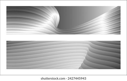 Monochrome cover design, abstract background. Wavy silver parallel gradient lines, ribbons, silk. Set of 2 backgrounds. Black and white with shades of gray banner, poster. eps vector