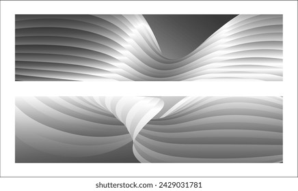 Monochrome cover design, abstract background. Wavy silver parallel gradient lines, ribbons, silk. Set of 2 backgrounds. Black and white with shades of gray banner, poster. eps vector