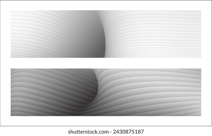 Monochrome cover design, abstract background. Wavy silver parallel gradient lines, ribbons, silk. Set of 2 backgrounds. Black and white with shades of gray banner, poster. eps vector