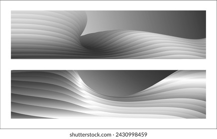 Diseño monocromo de la cubierta, fondo abstracto. Líneas de degradado paralelas de plata ondulada, cintas, seda. Conjunto de 2 fondos. Blanco y negro con tonos de banner gris, cartel. eps vector