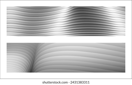 Diseño monocromo de la cubierta, fondo abstracto. Líneas de degradado paralelas de plata ondulada, cintas, seda. Conjunto de 2 fondos. Blanco y negro con tonos de banner gris, cartel. eps vector