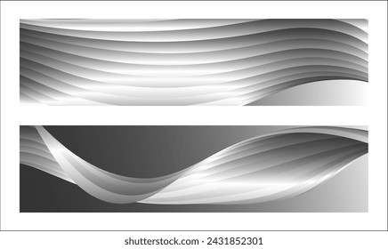 Monochrome cover design, abstract background. Wavy silver parallel gradient lines, ribbons, silk. Set of 2 backgrounds. Black and white with shades of gray banner, poster. eps vector