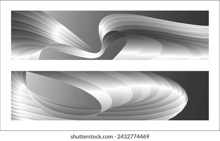 Monochrome cover design, abstract background. Wavy silver parallel gradient lines, ribbons, silk. Set of 2 backgrounds. Black and white with shades of gray banner, poster. eps vector