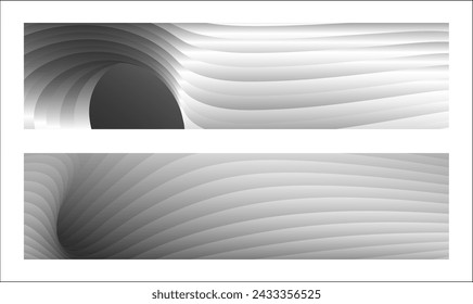 Monochrome cover design, abstract background. Wavy silver parallel gradient lines, ribbons, silk. Set of 2 backgrounds. Black and white with shades of gray banner, poster. eps vector