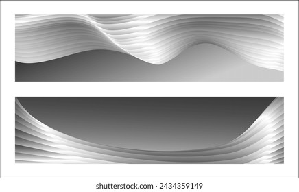Diseño monocromo de la cubierta, fondo abstracto. Líneas de degradado paralelas de plata ondulada, cintas, seda. Conjunto de 2 fondos. Blanco y negro con tonos de banner gris, cartel. eps vector