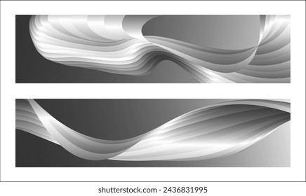 Diseño monocromo de la cubierta, fondo abstracto. Líneas de degradado paralelas de plata ondulada, cintas, seda. Conjunto de 2 fondos. Blanco y negro con tonos de banner gris, cartel. eps vector