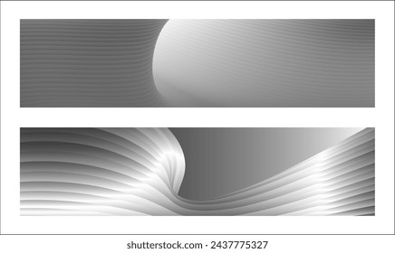 Monochrome cover design, abstract background. Wavy silver parallel gradient lines, ribbons, silk. Set of 2 backgrounds. Black and white with shades of gray banner, poster. eps vector