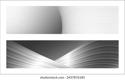 Monochrome cover design, abstract background. Wavy silver parallel gradient lines, ribbons, silk. Set of 2 backgrounds. Black and white with shades of gray banner, poster. eps vector