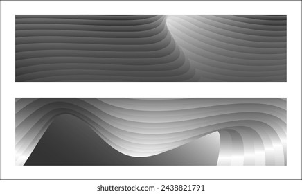 Monochrome cover design, abstract background. Wavy silver parallel gradient lines, ribbons, silk. Set of 2 backgrounds. Black and white with shades of gray banner, poster. eps vector
